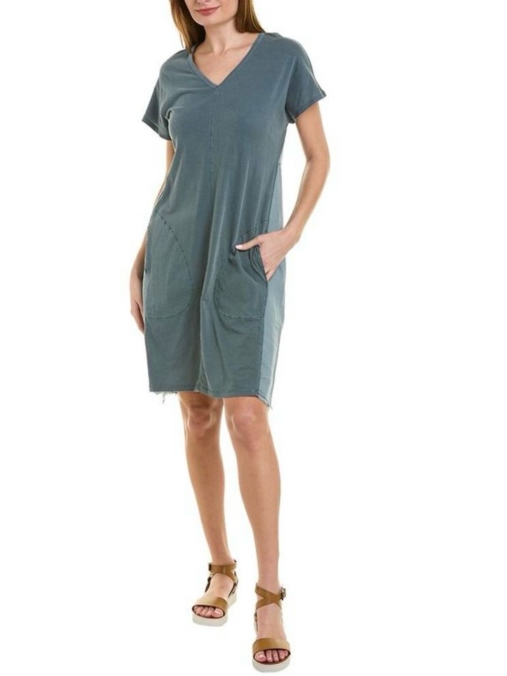 XCVI Wearables Oslo Blue Gibbon V-Neck Linen Cotton T-Shirt Dress Size XS
